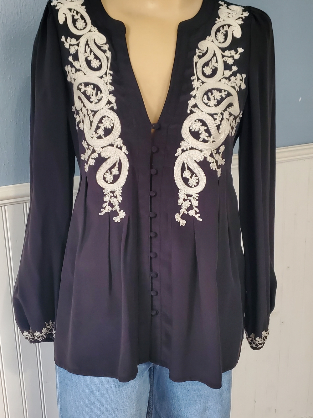 Joie 100% Silk Black Button-Front Blouse with Ivory Embroidery